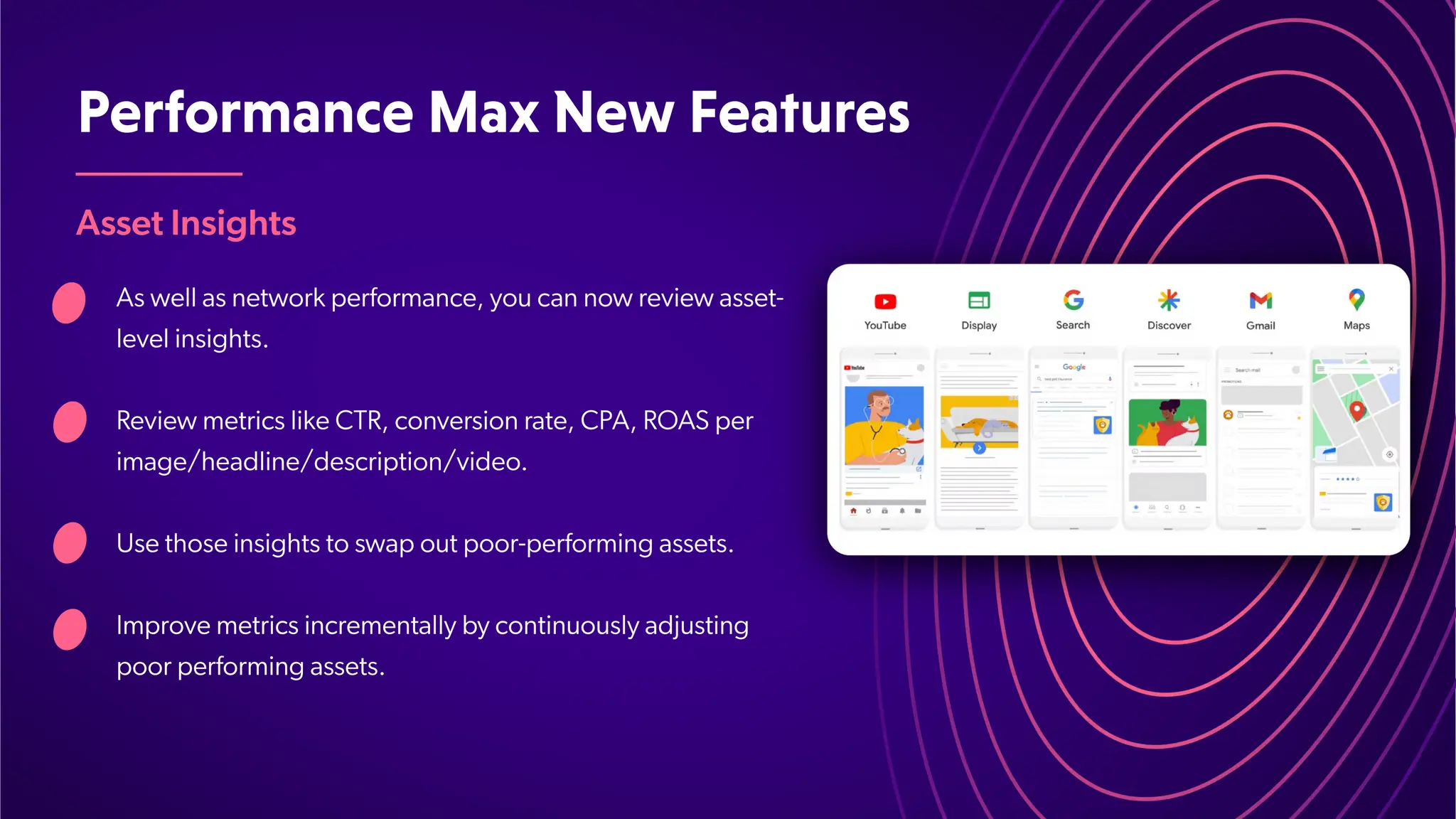 PerformanceMaxNewFeatures
Asset Insights
As well as network performance, you can now review asset-
level insights.
Review metrics like CTR, conversion rate, CPA, ROAS per
image/headline/description/video.
Use those insights to swap out poor-performing assets.
Improve metrics incrementally by continuously adjusting
poor performing assets.
 