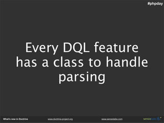 #phpday




           Every DQL feature
          has a class to handle
                 parsing

What’s new in Doctrine ...