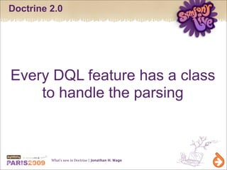 Doctrine 2.0




Every DQL feature has a class
    to handle the parsing



         What’s new in Doctrine | Jonathan H. Wage
 