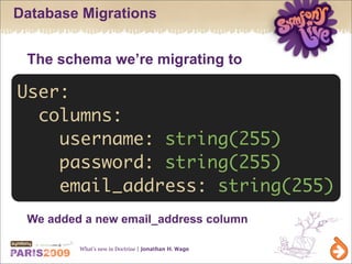 Database Migrations


 The schema we’re migrating to

User:
  columns:
    username: string(255)
    password: string(255)...