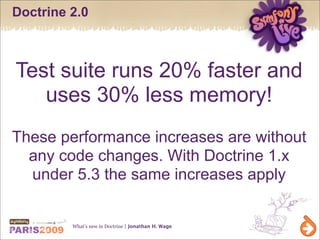 Doctrine 2.0



Test suite runs 20% faster and
   uses 30% less memory!
These performance increases are without
  any code...