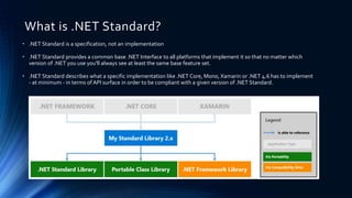 What is .NET Standard?
• .NET Standard is a specification, not an implementation
• .NET Standard provides a common base .NET Interface to all platforms that implement it so that no matter which
version of .NET you use you'll always see at least the same base feature set.
• .NET Standard describes what a specific implementation like .NET Core, Mono, Xamarin or .NET 4.6 has to implement
- at minimum - in terms of API surface in order to be compliant with a given version of .NET Standard.
 