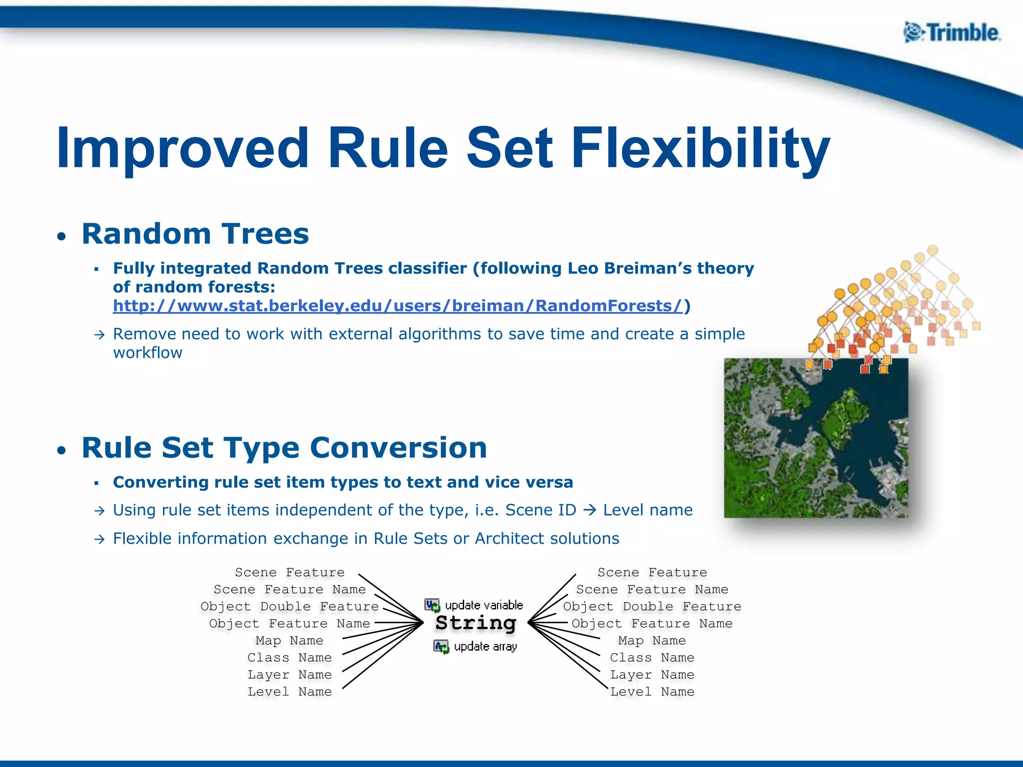 • Random Trees
 Fully integrated Random Trees classifier (following Leo Breiman’s theory
of random forests:
http://www.stat.berkeley.edu/users/breiman/RandomForests/)
 Remove need to work with external algorithms to save time and create a simple
workflow
• Rule Set Type Conversion
 Converting rule set item types to text and vice versa
 Using rule set items independent of the type, i.e. Scene ID  Level name
 Flexible information exchange in Rule Sets or Architect solutions
Improved Rule Set Flexibility
Scene Feature
Scene Feature Name
Object Double Feature
Object Feature Name
Map Name
Class Name
Layer Name
Level Name
String
Scene Feature
Scene Feature Name
Object Double Feature
Object Feature Name
Map Name
Class Name
Layer Name
Level Name
 