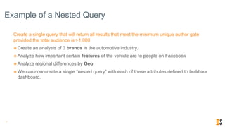 Example of a Nested Query
Create a single query that will return all results that meet the minimum unique author gate
provided the total audience is >1,000
๏Create an analysis of 3 brands in the automotive industry.
๏Analyze how important certain features of the vehicle are to people on Facebook
๏Analyze regional differences by Geo
๏We can now create a single “nested query” with each of these attributes defined to build our
dashboard.
17
 