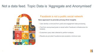 Not a data feed. Topic Data is ‘Aggregate and Anonymised’
7
New approach to provide privacy-first insights
1.User identity is removed from posts and engagement data processing.
2.Text from anonymised posts is stored within Facebook’s Infrastructure for
analysis.
3.Customers query data collected to perform analysis.
4.Results are provided if audience-size exceeds a minimum size.
Facebook is not a public social network
 