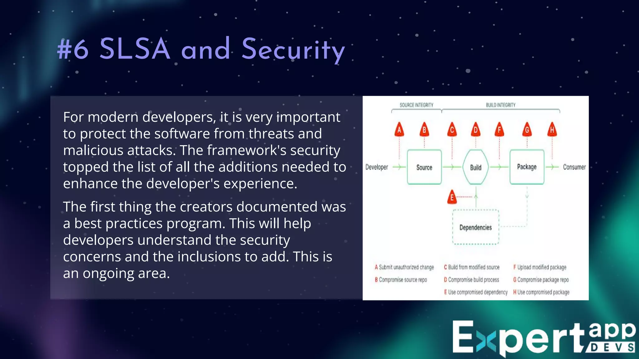 #6 SLSA and Security
For modern developers, it is very important
to protect the software from threats and
malicious attacks. The framework's security
topped the list of all the additions needed to
enhance the developer's experience.
The ﬁrst thing the creators documented was
a best practices program. This will help
developers understand the security
concerns and the inclusions to add. This is
an ongoing area.
 