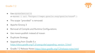 Ⓒ
2021 Grails Foundation. All rights reserved. grails.org
20
Gradle 7.2
● Use mavenCentral()
or maven { url "https://repo.grails.org/grails/core" }
● The scope “provided” is removed.
● Apache Groovy 3
● Removal of Compile and Runtime Conﬁgurations
● Use maven-publish instead of maven
● Duplicate Strategy
● Upgrading from Gradle 5.x
https://docs.gradle.org/7.2/userguide/upgrading_version_5.html
● Gradle 7.2 Release Notes https://docs.gradle.org/7.2/release-notes.html
 