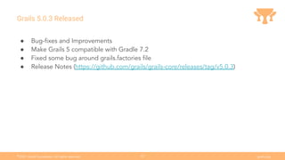 Ⓒ
2021 Grails Foundation. All rights reserved. grails.org
32
Grails 5.0.3 Released
● Bug-ﬁxes and Improvements
● Make Grails 5 compatible with Gradle 7.2
● Fixed some bug around grails.factories ﬁle
● Release Notes (https://github.com/grails/grails-core/releases/tag/v5.0.3)
 