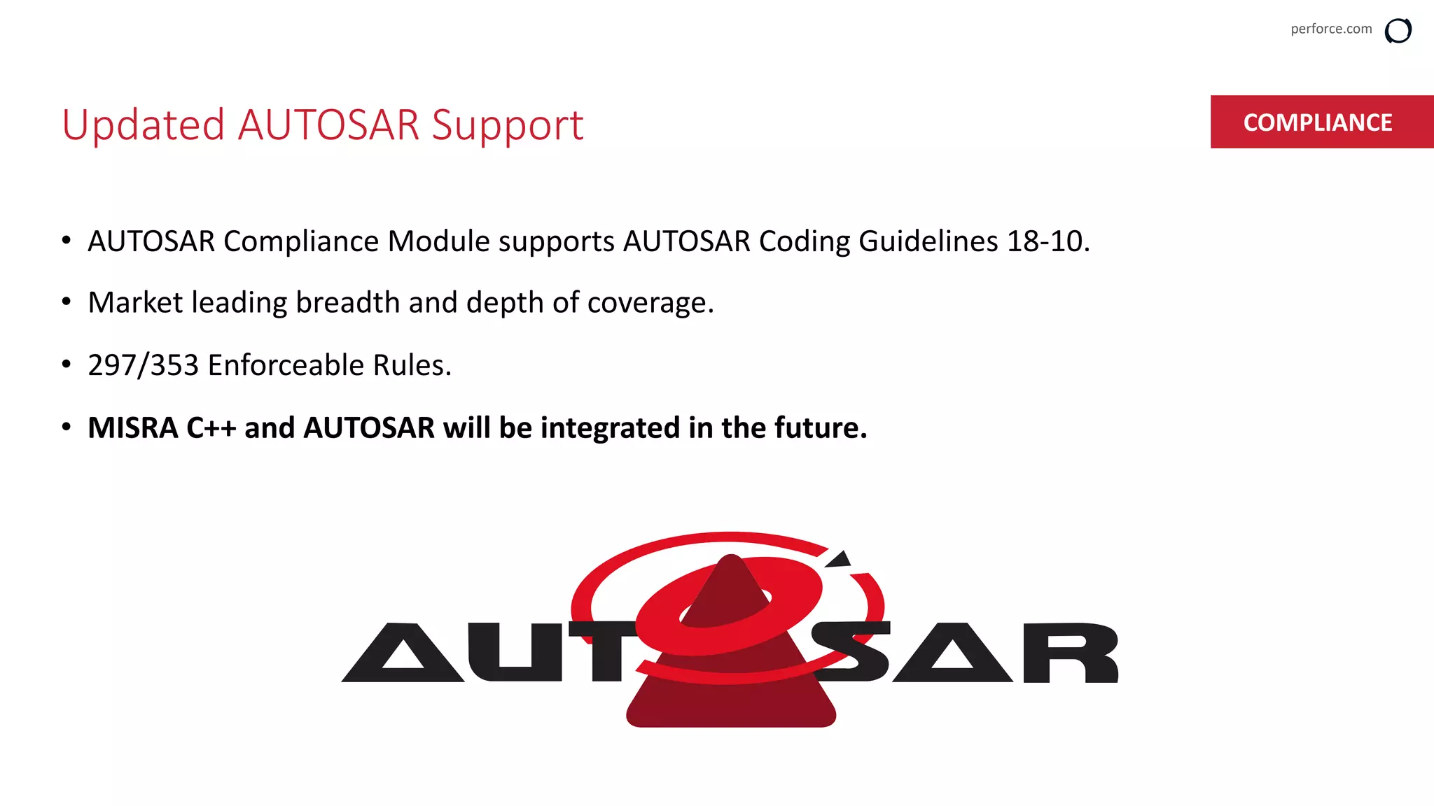 perforce.com
• AUTOSAR Compliance Module supports AUTOSAR Coding Guidelines 18-10.
• Market leading breadth and depth of coverage.
• 297/353 Enforceable Rules.
• MISRA C++ and AUTOSAR will be integrated in the future.
Updated AUTOSAR Support COMPLIANCE
 