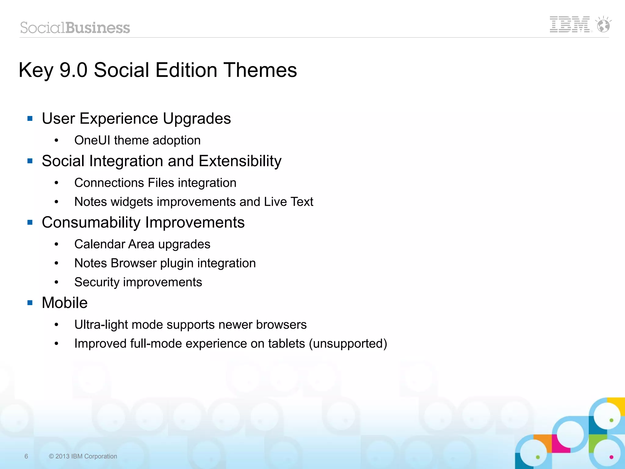 6 © 2013 IBM Corporation
Key 9.0 Social Edition Themes
 User Experience Upgrades
● OneUI theme adoption
 Social Integration and Extensibility
● Connections Files integration
● Notes widgets improvements and Live Text
 Consumability Improvements
● Calendar Area upgrades
● Notes Browser plugin integration
● Security improvements
 Mobile
● Ultra-light mode supports newer browsers
● Improved full-mode experience on tablets (unsupported)
 