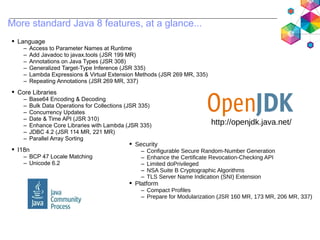 More standard Java 8 features, at a glance...
 Language
– Access to Parameter Names at Runtime
– Add Javadoc to javax.too...
