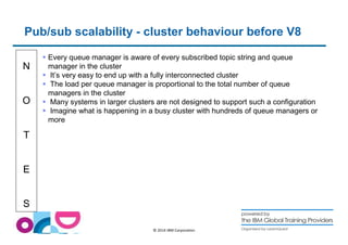 Pub/sub scalability - cluster behaviour before V8 
N 
O 
T 
E 
S 
 Every queue manager is aware of every subscribed topic string and queue 
manager in the cluster 
 It’s very easy to end up with a fully interconnected cluster 
 The load per queue manager is proportional to the total number of queue 
managers in the cluster 
 Many systems in larger clusters are not designed to support such a configuration 
 Imagine what is happening in a busy cluster with hundreds of queue managers or 
more 
© 2014 IBM Corporation 
 