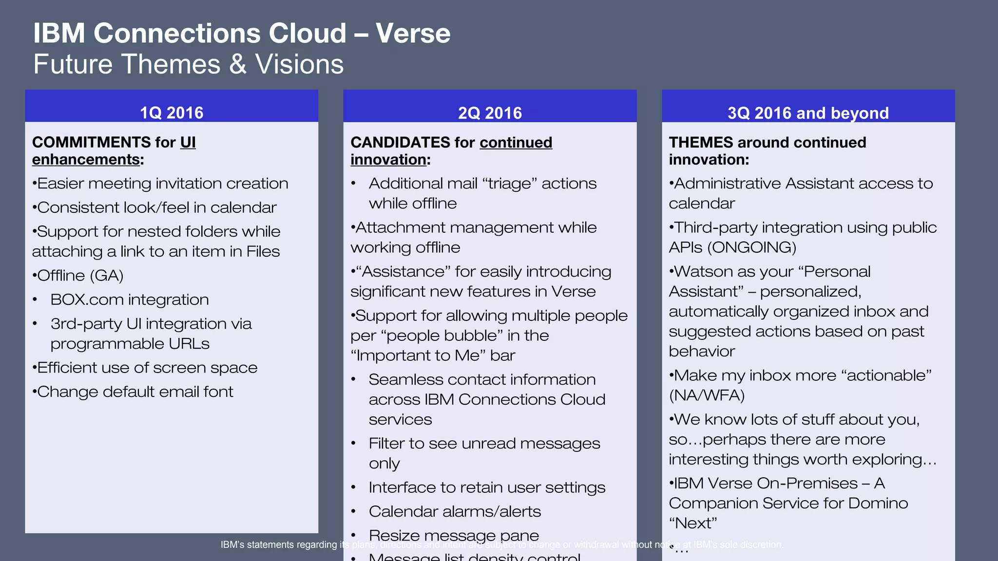 IBM Connections Cloud – Verse
Future Themes & Visions
3Q 2016 and beyond
THEMES around continued
innovation:
•Administrative Assistant access to
calendar
•Third-party integration using public
APIs (ONGOING)
•Watson as your “Personal
Assistant” – personalized,
automatically organized inbox and
suggested actions based on past
behavior
•Make my inbox more “actionable”
(NA/WFA)
•We know lots of stuff about you,
so…perhaps there are more
interesting things worth exploring…
•IBM Verse On-Premises – A
Companion Service for Domino
“Next”
•…
1Q 2016
COMMITMENTS for UI
enhancements:
•Easier meeting invitation creation
•Consistent look/feel in calendar
•Support for nested folders while
attaching a link to an item in Files
•Offline (GA)
• BOX.com integration
• 3rd-party UI integration via
programmable URLs
•Efficient use of screen space
•Change default email font
​
2Q 2016
CANDIDATES for continued
innovation:
• Additional mail “triage” actions
while offline
•Attachment management while
working offline
•“Assistance” for easily introducing
significant new features in Verse
•Support for allowing multiple people
per “people bubble” in the
“Important to Me” bar
• Seamless contact information
across IBM Connections Cloud
services
• Filter to see unread messages
only
• Interface to retain user settings
• Calendar alarms/alerts
• Resize message paneIBM’s statements regarding its plans, directions and intent are subject to change or withdrawal without notice at IBM’s sole discretion.
 