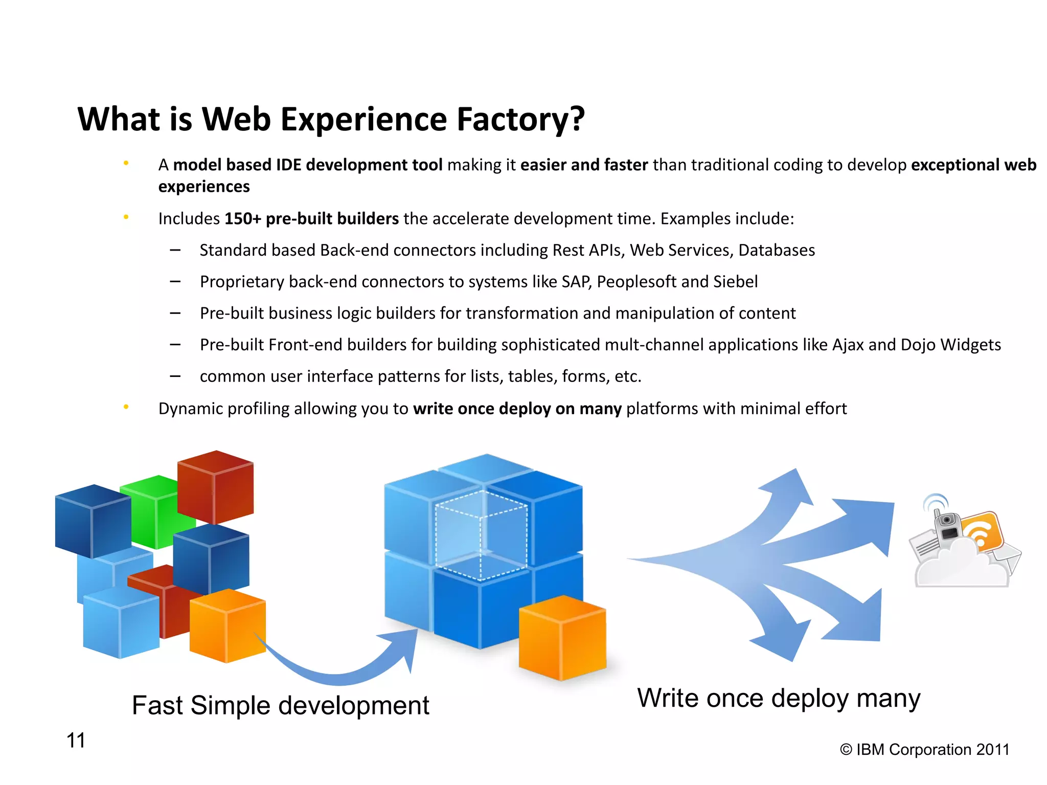 What is Web Experience Factory?
     •     A model based IDE development tool making it easier and faster than traditional coding to develop exceptional web
           experiences
     •     Includes 150+ pre-built builders the accelerate development time. Examples include:
            –   Standard based Back-end connectors including Rest APIs, Web Services, Databases
            –   Proprietary back-end connectors to systems like SAP, Peoplesoft and Siebel
            –   Pre-built business logic builders for transformation and manipulation of content
            –   Pre-built Front-end builders for building sophisticated mult-channel applications like Ajax and Dojo Widgets
            –   common user interface patterns for lists, tables, forms, etc.
     •     Dynamic profiling allowing you to write once deploy on many platforms with minimal effort




         Fast Simple development                                            Write once deploy many
11                                                                                                    © IBM Corporation 2011
 