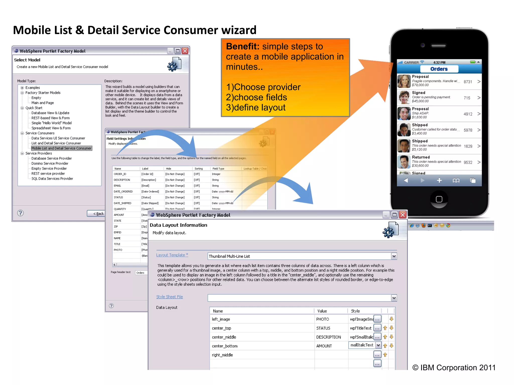 Mobile List & Detail Service Consumer wizard
                                      Benefit: simple steps to
                                      create a mobile application in
                                      minutes..

                                      1)Choose provider
                                      2)choose fields
                                      3)define layout




                                                                       © IBM Corporation 2011
 