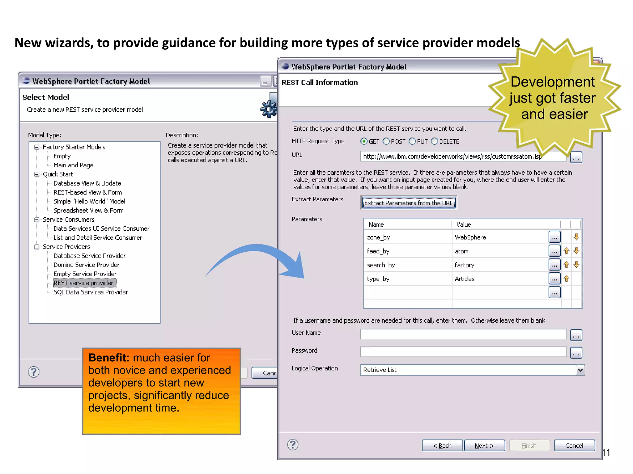 New wizards, to provide guidance for building more types of service provider models

                                                                                 Development
                                                                                 just got faster
                                                                                   and easier




            Benefit: much easier for
            both novice and experienced
            developers to start new
            projects, significantly reduce
            development time.


                                                                                 © IBM Corporation 2011
 