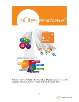 1
This report outlines the InCites Benchmark & Analytics new features and updates
included in the InCites platform from April 2015 until September 2015.
 