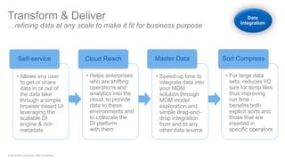 © 2014 IBM Corporation | IBM Confidential 
Transform & Deliver …refining data at any scale to make it fit for business purpose 
•Allows any user to get or share data in or out of the data lake through a simple browser based UI leveraging the scalable DI engine & rich metadata 
Self-service 
•Helps enterprises who are shifting operations and analytics into the cloud, to provide data to these environments and to collocate the DI platform with them 
Cloud Reach 
•Speed-up time to integrate data into your MDM solution through MDM model exploration and simple drag-and- drop integration from and to any other data source 
Master Data 
•For large data sets, reduces I/O size for temp files thus improving run time - benefits both explicit sorts and those that are inserted in specific operators 
Sort Compress Data Integration  