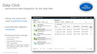 © 2014 IBM Corporation | IBM Confidential 
•allows any authorized user to get/share data 
•automatically registers metadata 
•Enhancements include 
-new home screen 
-monitoring 
-web-based authoring 
-IGC integration 
-expanded connectivity (Amazon S3, hadoop, odbc, jdbc, native oracle & db2) 
Data Click 
…self-service data integration for the data lake Data Integration  