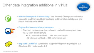 © 2014 IBM Corporation | IBM Confidential 
•Native Greenplum Connectivity: use the new Greenplum connector stages to read from and bulk load data to Greenplum databases, and import metadata via IMAM 
•Engine Performance Improvements 
•Standard performance tests showed marked improvement over v9.1.2 (test run on Linux) 
•CPU intensive workload … 10% performance gain 
•IO intensive workload … 20% performance gain 
•Big Data Currency: Updated to support InfoSphere BigInsights 3.0, Cloudera 4.5, Hortonworks 2.1 
Other data integration additions in v11.3 Data Integration  