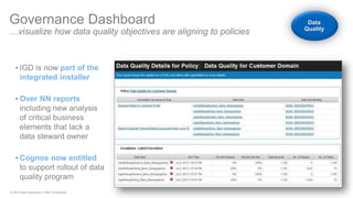 © 2014 IBM Corporation | IBM Confidential 
•IGD is now part of the integrated installer 
•Over NN reports including new analysis of critical business elements that lack a data steward owner 
•Cognos now entitled to support rollout of data quality program 
Governance Dashboard 
…visualize how data quality objectives are aligning to policies Data Quality  