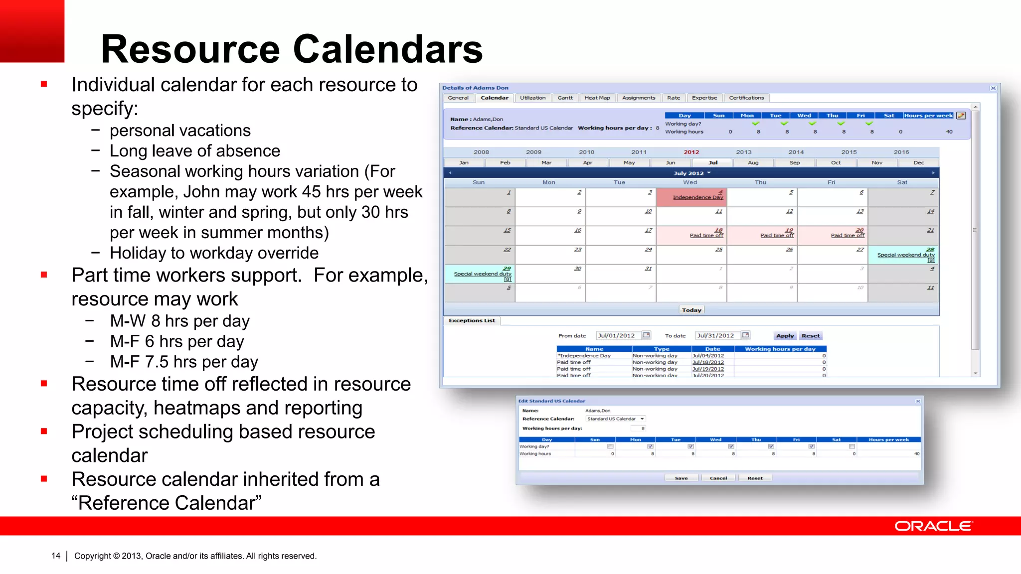 Copyright © 2013, Oracle and/or its affiliates. All rights reserved.14
Resource Calendars
 Individual calendar for each resource to
specify:
− personal vacations
− Long leave of absence
− Seasonal working hours variation (For
example, John may work 45 hrs per week
in fall, winter and spring, but only 30 hrs
per week in summer months)
− Holiday to workday override
 Part time workers support. For example,
resource may work
− M-W 8 hrs per day
− M-F 6 hrs per day
− M-F 7.5 hrs per day
 Resource time off reflected in resource
capacity, heatmaps and reporting
 Project scheduling based resource
calendar
 Resource calendar inherited from a
“Reference Calendar”
 