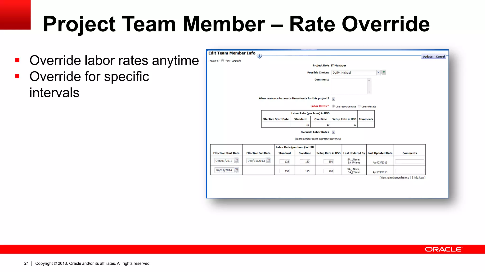 Copyright © 2013, Oracle and/or its affiliates. All rights reserved.21
Project Team Member – Rate Override
 Override labor rates anytime
 Override for specific
intervals
 