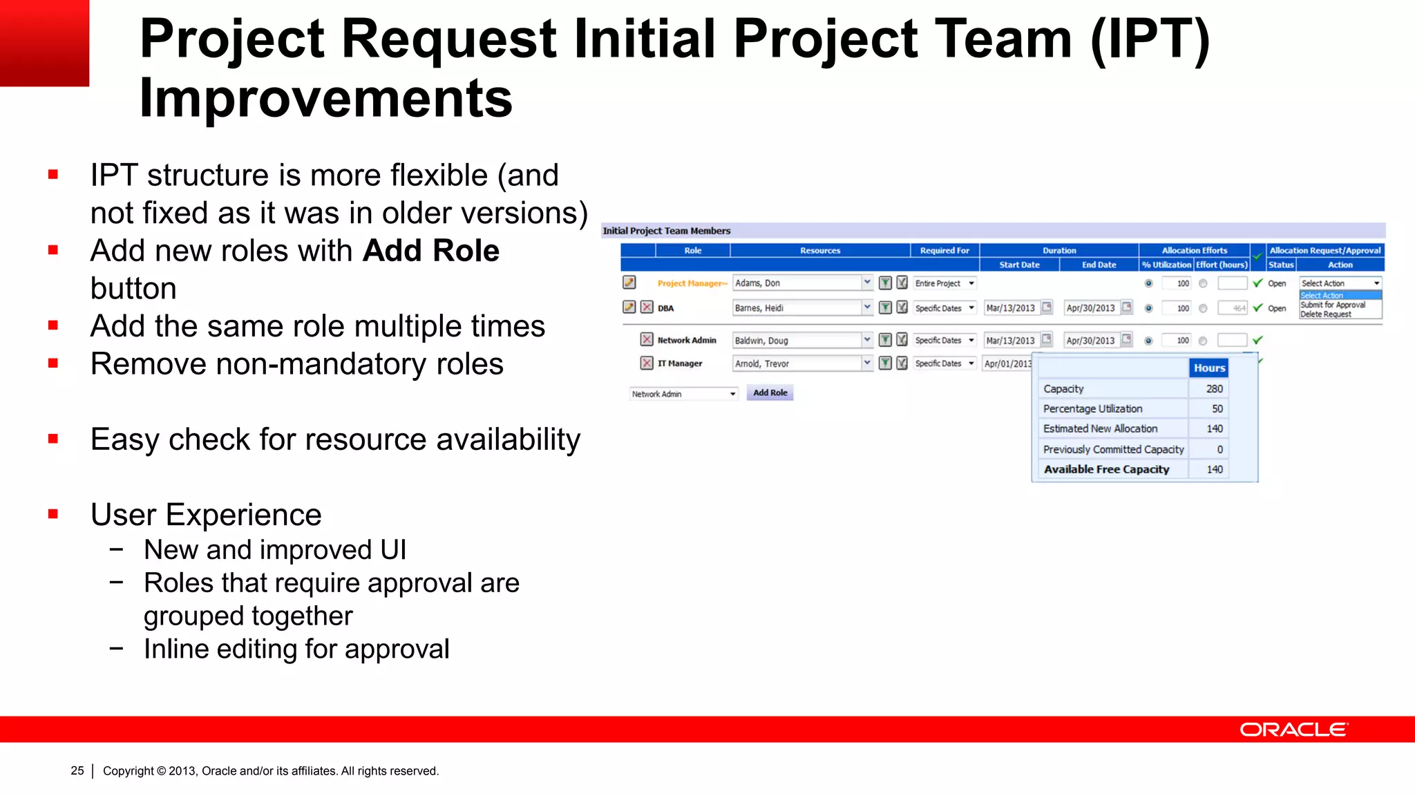 Copyright © 2013, Oracle and/or its affiliates. All rights reserved.25
Project Request Initial Project Team (IPT)
Improvements
 IPT structure is more flexible (and
not fixed as it was in older versions)
 Add new roles with Add Role
button
 Add the same role multiple times
 Remove non-mandatory roles
 Easy check for resource availability
 User Experience
− New and improved UI
− Roles that require approval are
grouped together
− Inline editing for approval
 