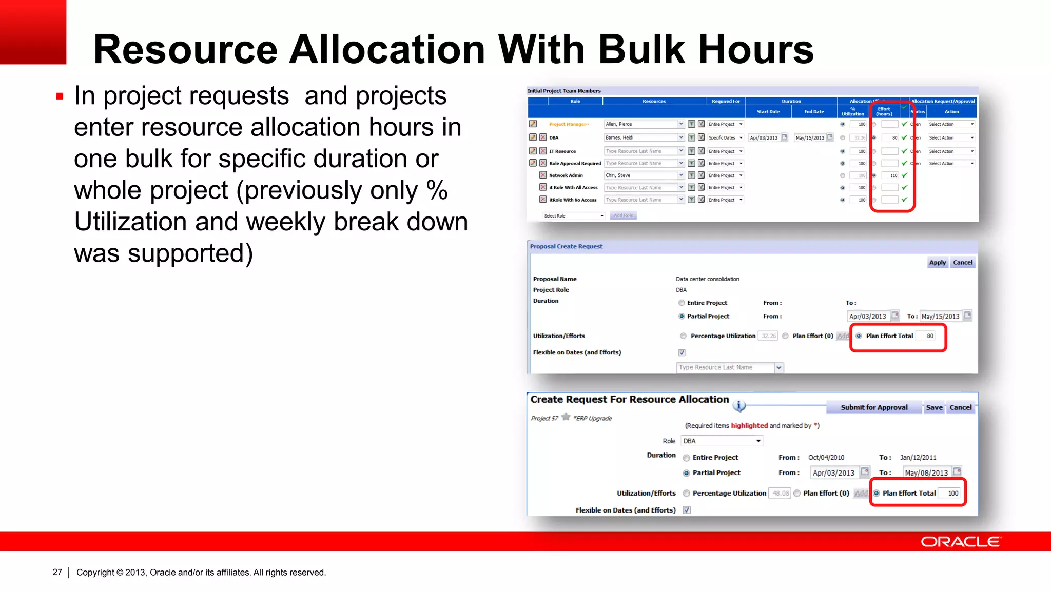 Copyright © 2013, Oracle and/or its affiliates. All rights reserved.27
Resource Allocation With Bulk Hours
 In project requests and projects
enter resource allocation hours in
one bulk for specific duration or
whole project (previously only %
Utilization and weekly break down
was supported)
 