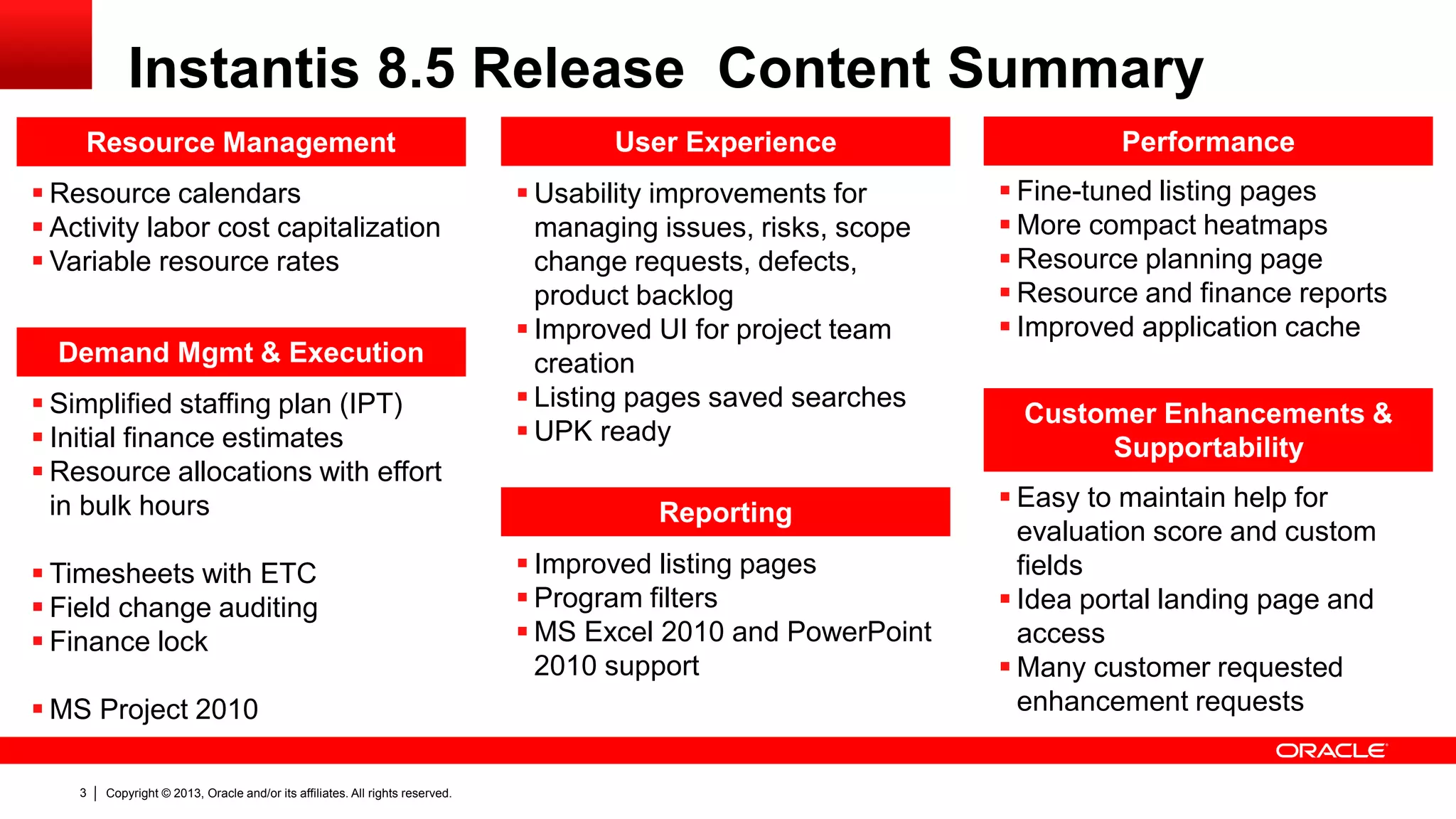 Copyright © 2013, Oracle and/or its affiliates. All rights reserved.3
Resource Management
 Resource calendars
 Activity labor cost capitalization
 Variable resource rates
Reporting
 Improved listing pages
 Program filters
 MS Excel 2010 and PowerPoint
2010 support
User Experience
 Usability improvements for
managing issues, risks, scope
change requests, defects,
product backlog
 Improved UI for project team
creation
 Listing pages saved searches
 UPK ready
Customer Enhancements &
Supportability
 Easy to maintain help for
evaluation score and custom
fields
 Idea portal landing page and
access
 Many customer requested
enhancement requests
Performance
 Fine-tuned listing pages
 More compact heatmaps
 Resource planning page
 Resource and finance reports
 Improved application cache
Instantis 8.5 Release Content Summary
 Simplified staffing plan (IPT)
 Initial finance estimates
 Resource allocations with effort
in bulk hours
 Timesheets with ETC
 Field change auditing
 Finance lock
 MS Project 2010
Demand Mgmt & Execution
 
