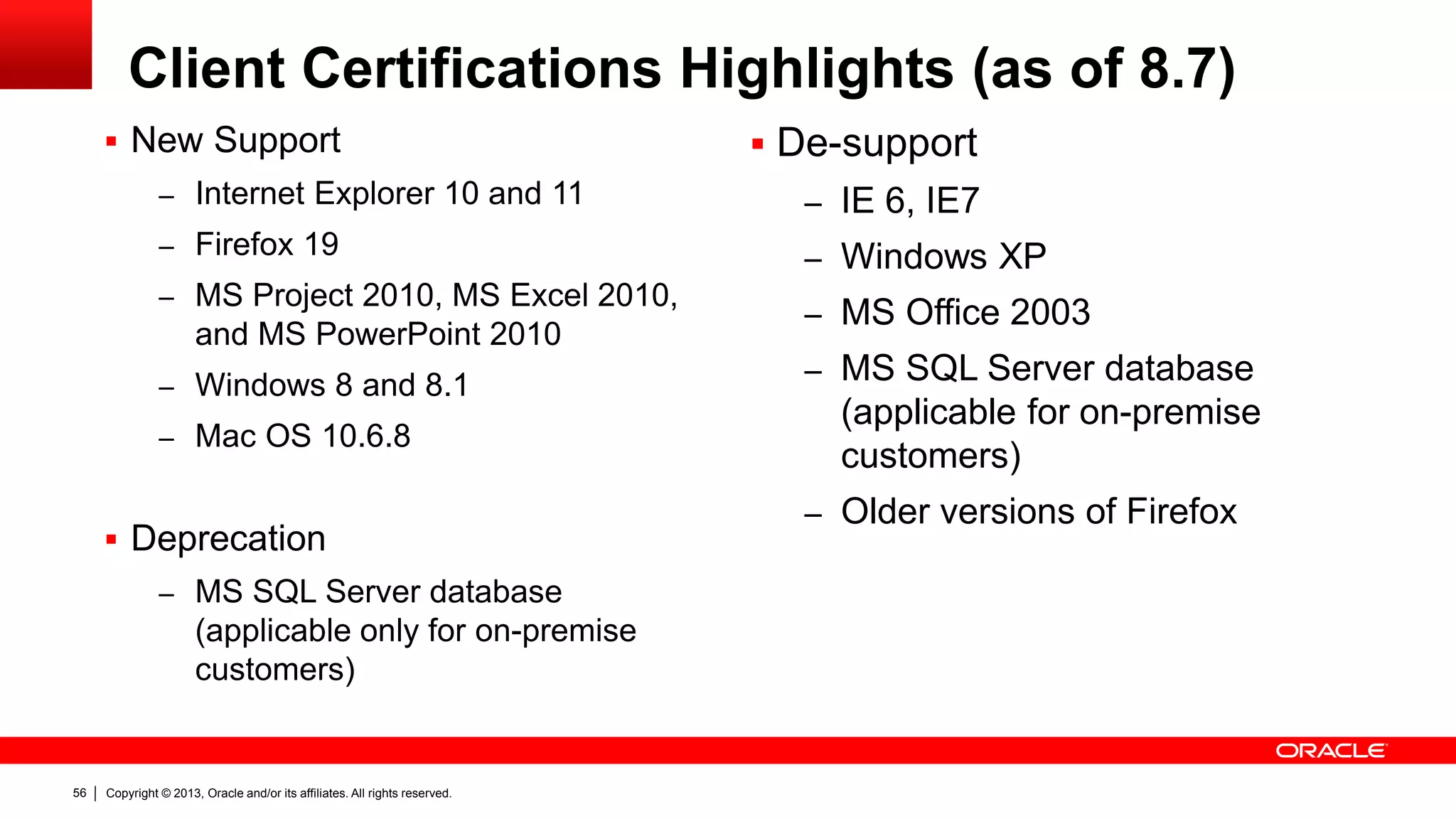 Copyright © 2013, Oracle and/or its affiliates. All rights reserved.56
Client Certifications Highlights (as of 8.7)
 New Support
– Internet Explorer 10 and 11
– Firefox 19
– MS Project 2010, MS Excel 2010,
and MS PowerPoint 2010
– Windows 8 and 8.1
– Mac OS 10.6.8
 Deprecation
– MS SQL Server database
(applicable only for on-premise
customers)
 De-support
– IE 6, IE7
– Windows XP
– MS Office 2003
– MS SQL Server database
(applicable for on-premise
customers)
– Older versions of Firefox
 