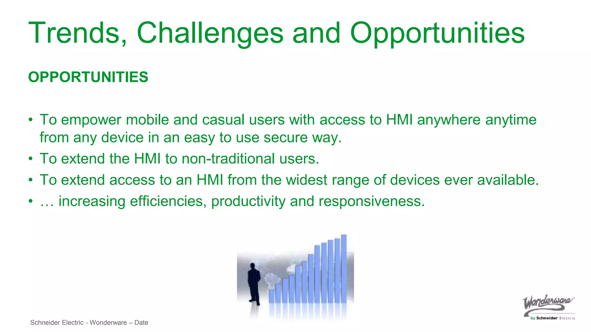 Schneider Electric - Wonderware – Date
Trends, Challenges and Opportunities
OPPORTUNITIES
• To empower mobile and casual users with access to HMI anywhere anytime
from any device in an easy to use secure way.
• To extend the HMI to non-traditional users.
• To extend access to an HMI from the widest range of devices ever available.
• … increasing efficiencies, productivity and responsiveness.
 
