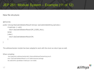 New file structure:
@Override
public <strong>ZipCodeValidationResult</strong> zipCodeIsValid(String zipCode) {
if (zipCode == null) {
return ZipCodeValidationResult.ZIP_CODE_NULL;
[snip]
} else {
return ZipCodeValidationResult.OK;
}
}
The addresschecker module has been adapted to work with this enum as return type as well,
When compiling:
./de.codecentric.addresschecker/de/[..]/internal/AddressCheckerImpl.java:5:
error: ZipCodeValidationResult is not visible because package
de.codecentric.zipvalidator.model.api is not visible
JEP 261: Module System – Example (11 of 12)
17
 