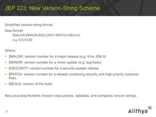 Simplified version-string format.
New format:
$MAJOR.$MINOR.$SECURITY.$PATCH+$BUILD
e.g. 9.0.5+20
Where:
 $MAJOR: version number for a major release (e.g. 9 for JDK 9)
 $MINOR: version number for a minor update (e.g. bug fixes)
 $SECURITY: version number for a security-update release
 $PATCH: version number for a release containing security and high-priority customer
fixes.
 $BUILD: version of the build
New java.lang.Runtime.Version class parses, validates, and compares version strings.
JEP 223: New Version-String Scheme
24
 