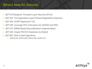  JEP 219 Datagram Transport Layer Security (DTLS)
 JEP 244: TLS Application-Layer Protocol Negotiation Extension
 JEP 249: OCSP Stapling for TLS
 JEP 246: Leverage CPU Instructions for GHASH and RSA
 JEP 273: DRBG-Based SecureRandom Implementation
 JEP 229: Create PKCS12 Keystores by Default
 JEP 287: SHA-3 Hash Algorithms
 SHA3-224, SHA3-256, SHA3-384, SHA3-512
What’s New for Security
30
 