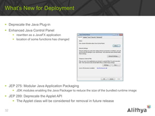  Deprecate the Java Plug-in
 Enhanced Java Control Panel
 rewritten as a JavaFX application
 location of some functions has changed
 JEP 275: Modular Java Application Packaging
 JDK modules enabling the Java Packager to reduce the size of the bundled runtime image
 JEP 289: Deprecate the Applet API
 The Applet class will be considered for removal in future release
What’s New for Deployment
32
 