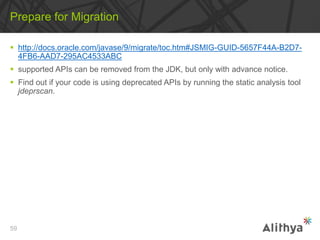  http://docs.oracle.com/javase/9/migrate/toc.htm#JSMIG-GUID-5657F44A-B2D7-
4FB6-AAD7-295AC4533ABC
 supported APIs can be removed from the JDK, but only with advance notice.
 Find out if your code is using deprecated APIs by running the static analysis tool
jdeprscan.
Prepare for Migration
59
 