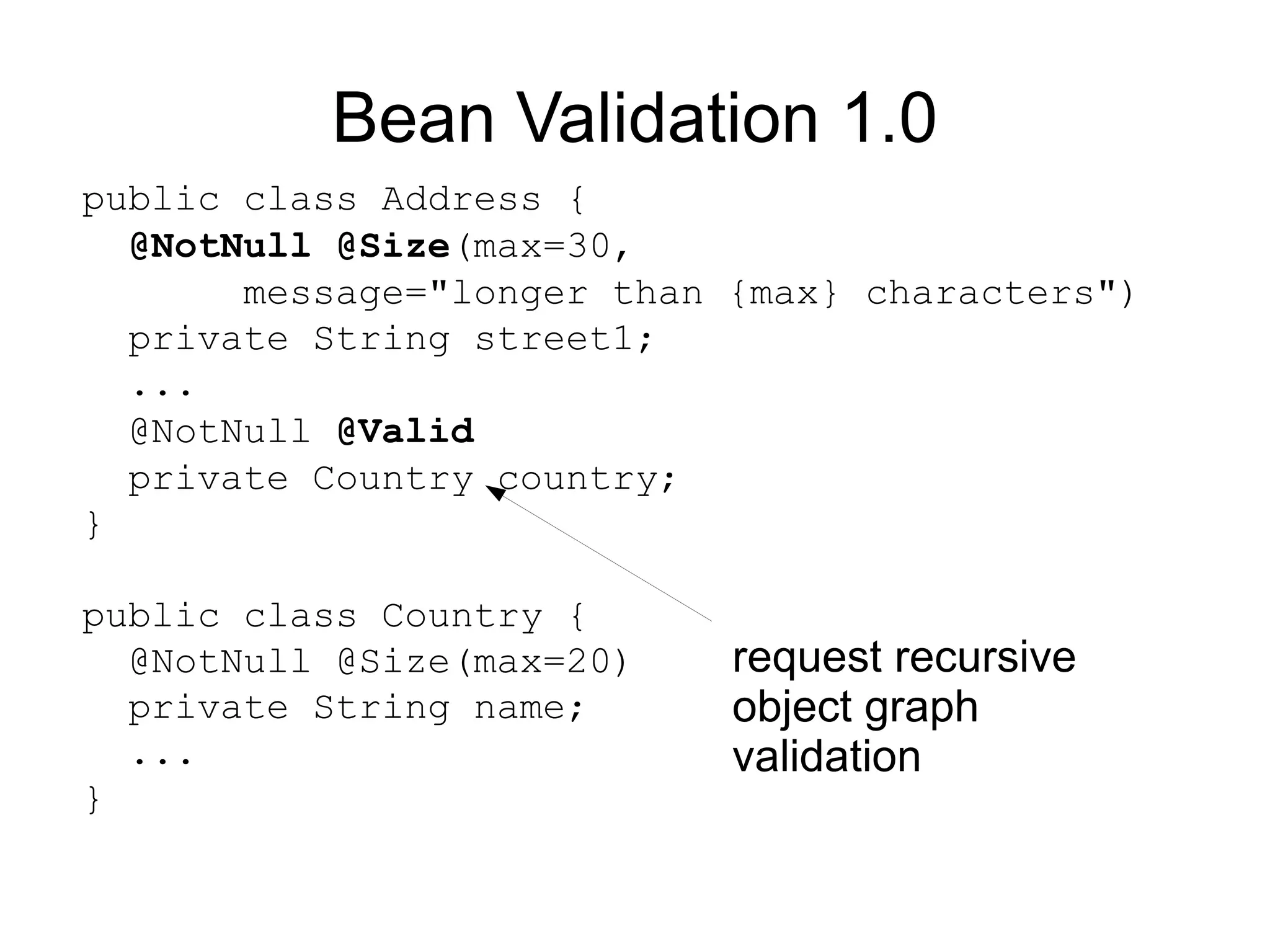 Bean Validation 1.0
public class Address {
  @NotNull @Size(max=30,
       message="longer than {max} characters")
  private String street1;
  ...
  @NotNull @Valid
  private Country country;
}

public class Country {
  @NotNull @Size(max=20)    request recursive
  private String name;      object graph
  ...                       validation
}
 