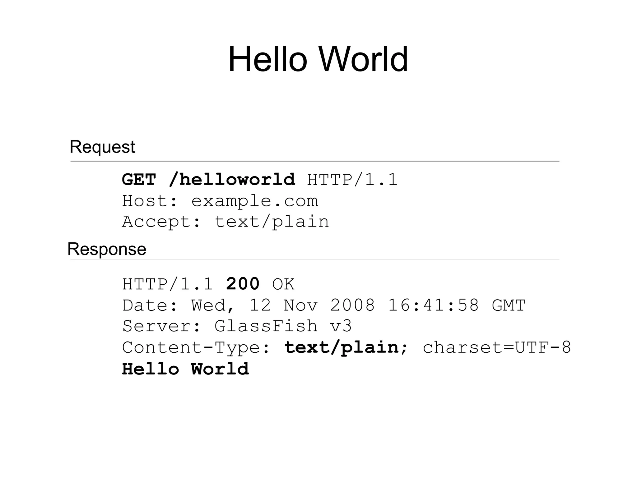 Hello World

Request
     GET /helloworld HTTP/1.1
     Host: example.com
     Accept: text/plain
Response
     HTTP/1.1 200 OK
     Date: Wed, 12 Nov 2008 16:41:58 GMT
     Server: GlassFish v3
     Content-Type: text/plain; charset=UTF-8
     Hello World
 