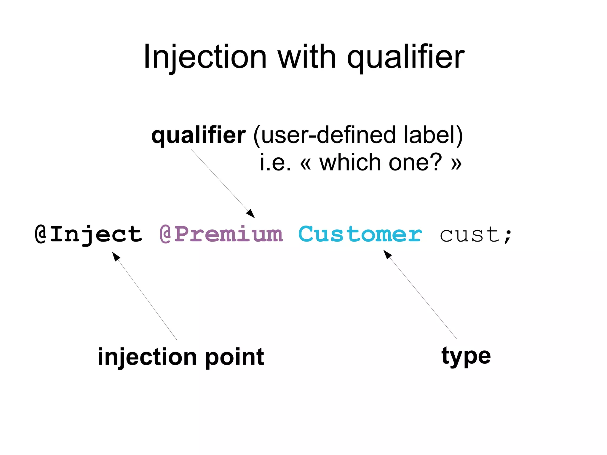 Injection with qualifier

        qualifier (user-defined label)
                   i.e. « which one? »

@Inject @Premium Customer cust;



    injection point                type
 