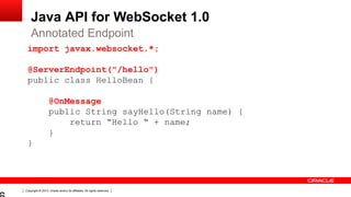 Copyright © 2013, Oracle and/or its affiliates. All rights reserved.
Java API for WebSocket 1.0
Annotated Endpoint
import javax.websocket.*;
@ServerEndpoint("/hello")
public class HelloBean {
@OnMessage
public String sayHello(String name) {
return “Hello “ + name;
}
}
 