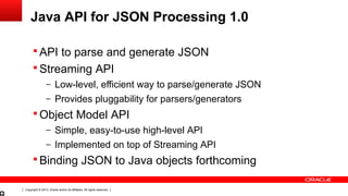 Copyright © 2013, Oracle and/or its affiliates. All rights reserved.
Java API for JSON Processing 1.0
 API to parse and generate JSON
 Streaming API
– Low-level, efficient way to parse/generate JSON
– Provides pluggability for parsers/generators
 Object Model API
– Simple, easy-to-use high-level API
– Implemented on top of Streaming API
 Binding JSON to Java objects forthcoming
 