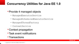 Copyright © 2013, Oracle and/or its affiliates. All rights reserved.
Concurrency Utilities for Java EE 1.0
 Provide 4 managed objects
– ManagedExecutorService
– ManagedScheduledExecutorService
– ManagedThreadFactory
– ContextService
 Context propagation
 Task event notifications
 Transactions
 