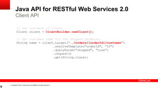 Copyright © 2013, Oracle and/or its affiliates. All rights reserved.
Java API for RESTful Web Services 2.0
Client API
// Get instance of Client
Client client = ClientBuilder.newClient();
// Get customer name for the shipped products
String name = client.target(“../orders/{orderId}/customer”)
.resolveTemplate(”orderId", ”10”)
.queryParam(”shipped", ”true”)
.request()
.get(String.class);
 
