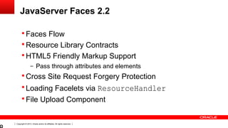 Copyright © 2013, Oracle and/or its affiliates. All rights reserved.
JavaServer Faces 2.2
 Faces Flow
 Resource Library Contracts
 HTML5 Friendly Markup Support
– Pass through attributes and elements
 Cross Site Request Forgery Protection
 Loading Facelets via ResourceHandler
 File Upload Component
 