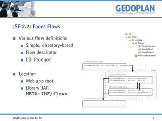 JSF 2.2: Faces Flows
Various flow definitions
Simple, directory-based
Flow descriptor
CDI Producer
Location
Web app root
Library JAR
META-INF/flows

What's new in Java EE 7?

7

 