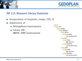 JSF 2.2: Resource Library Contracts
Encapsulation of templates, images, CSS, JS
Subdirectory of
WebappRoot/contracts
Library JAR
META-INF/contracts

What's new in Java EE 7?

8

 