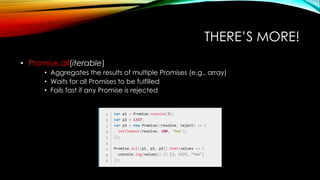 THERE’S MORE!
• Promise.all(iterable)
• Aggregates the results of multiple Promises (e.g., array)
• Waits for all Promises to be fulfilled
• Fails fast if any Promise is rejected
 