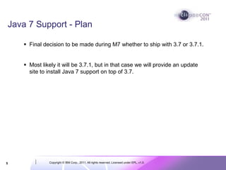 Java 7 Support - Plan

     Final decision to be made during M7 whether to ship with 3.7 or 3.7.1.


     Most likely it will be 3.7.1, but in that case we will provide an update
     site to install Java 7 support on top of 3.7.




5            Copyright © IBM Corp., 2011. All rights reserved. Licensed under EPL, v1.0.
 