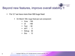 Beyond new features, improve overall stability !!

     For 3.7 we have more than 500 bugs fixed

             On March 16th, bugs fixed per sub component:
                     Core : 199
                     UI      : 186
                     Text : 82
                     APT : 3
                     Debug: 36
                     Doc : 12




6           Copyright © IBM Corp., 2011. All rights reserved. Licensed under EPL, v1.0.
 